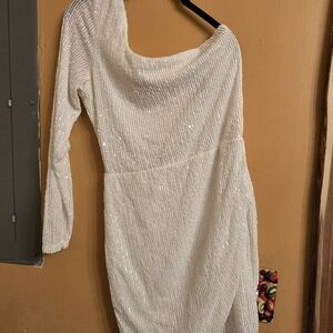 B Darlin One Shoulder White Sequin Dress